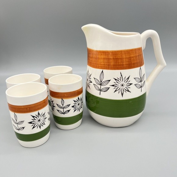VTG Royal Sealy 1950 MCM Hand-Painted Ceramic Pitcher 4 Cups Juice Set Japan - Picture 2 of 9